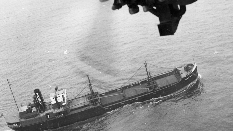 WWII cargo ship viewed from naval aircraft