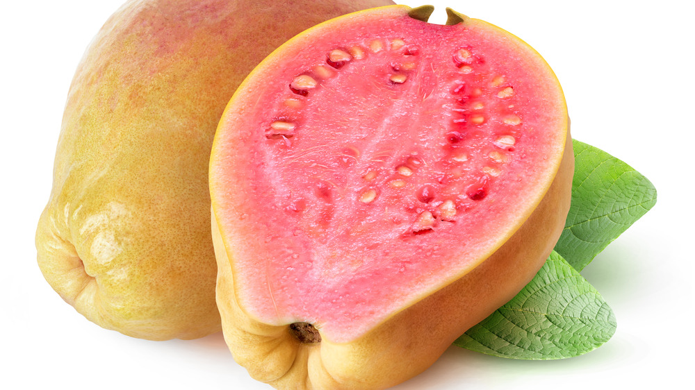 Closeup of a sliced guava with seeds