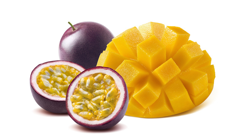 Sliced passionfruit and cut mango