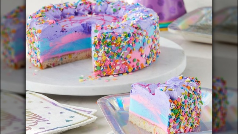 A slice of Marketside's Unicorn Ice Cream Cake