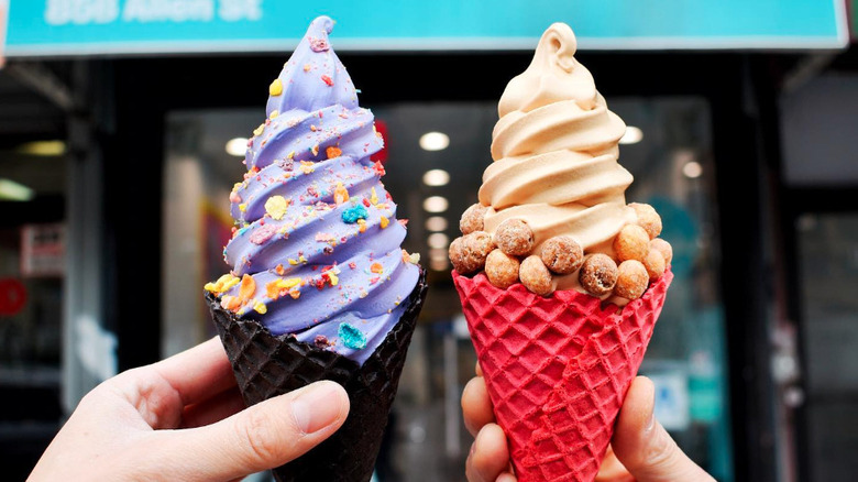 Colorful soft serve ice cream cones