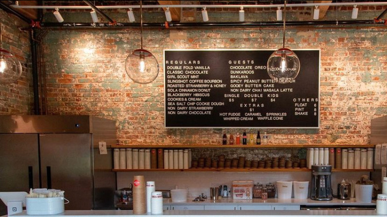 Interior of Two Roosters with menu