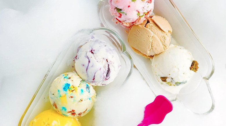 Colorful ice cream scoops in dishes