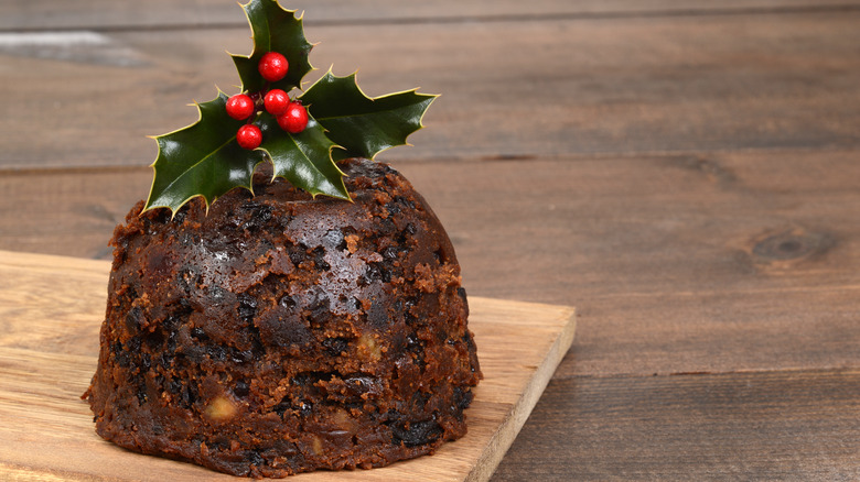 figgy pudding decorated with holly