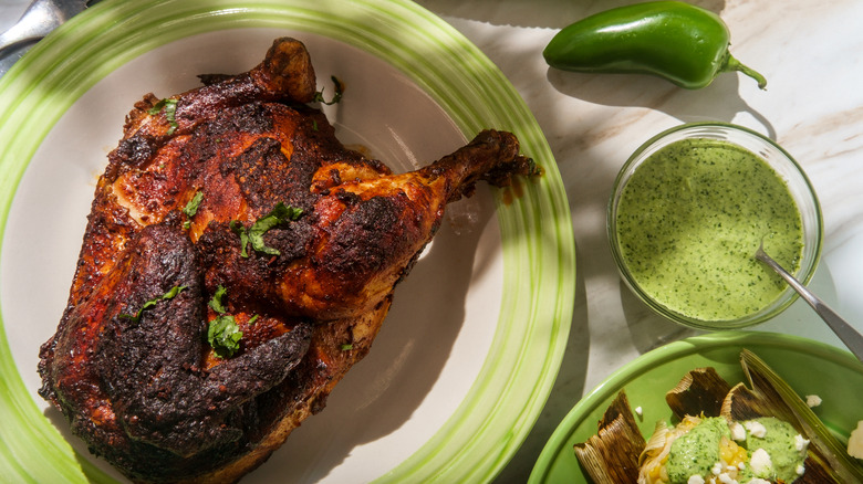 Peruvian roast chicken with green chili sauce