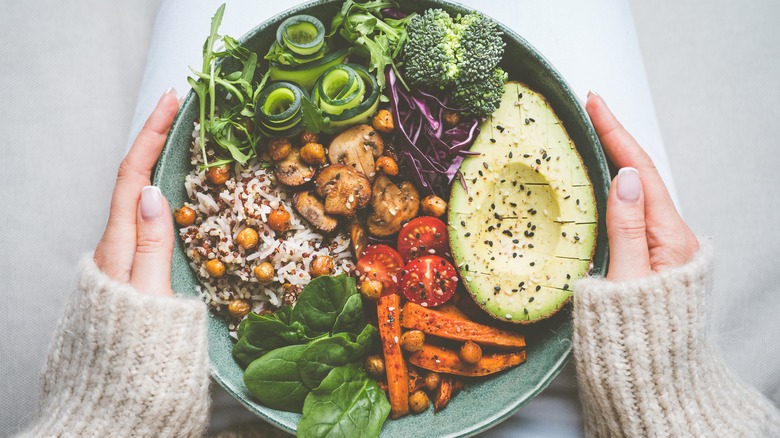 vegan rice bowl with mushrooms and avocado