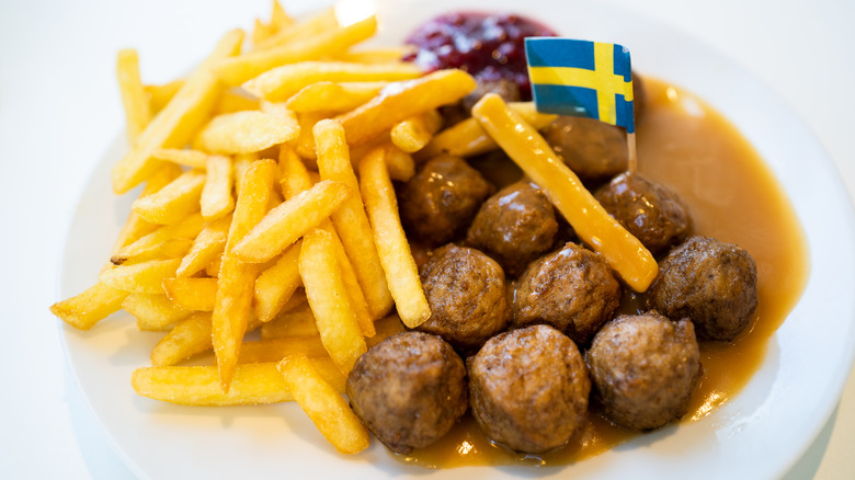 IKEA meatballs with fries and Swedish flag