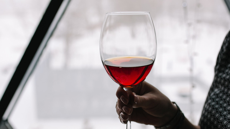 Woman holding wine glass with red wine