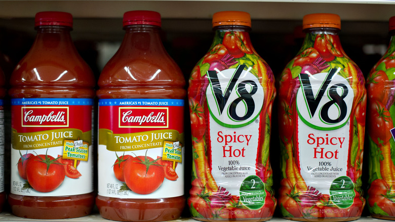 V8 Spicy Hot next to Campbell's Tomato Juice