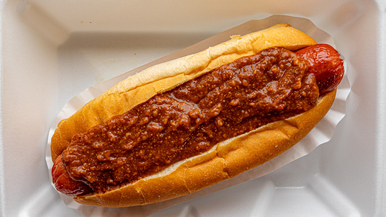 Chili dog in styrofoam container