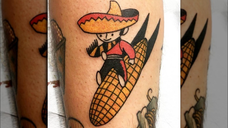 A tattoo of Casa Sanchez's "Jimmy The Cornman" logo