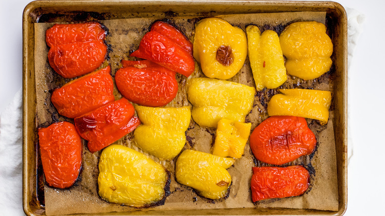 Roasted peppers on baking sheet