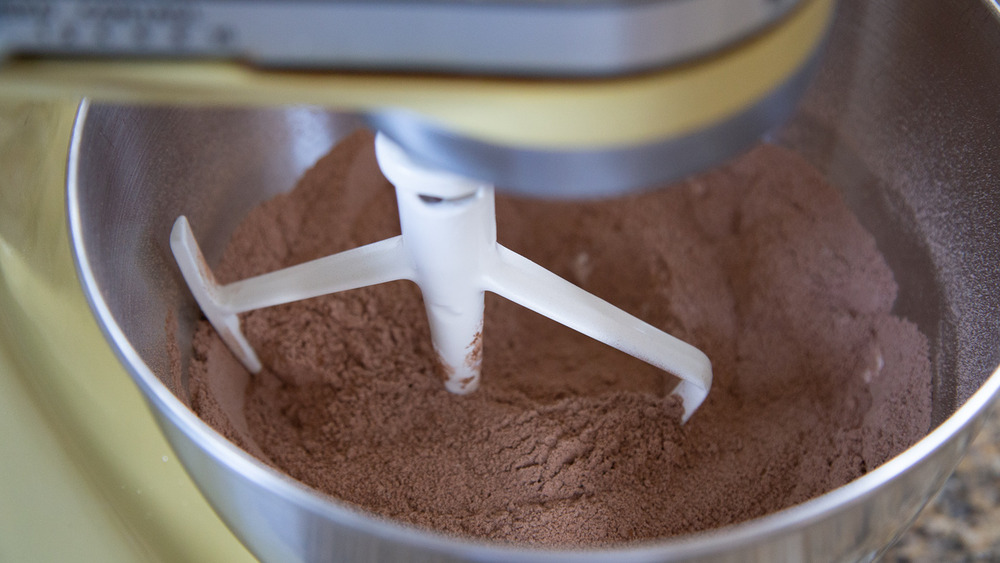 Ina Garten's chocolate cake ingredients being mixed