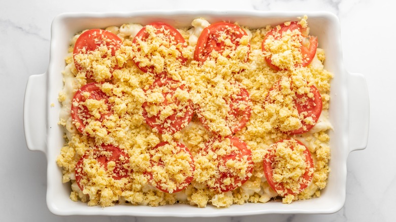 Ina Garten's mac and cheese in baking dish with breadcrumbs