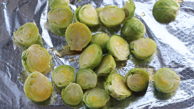 Brussels sprouts on baking sheet