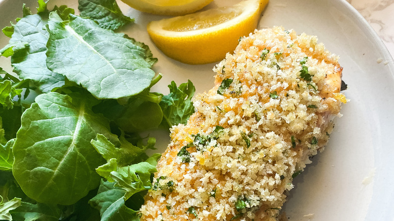 close up of panko crusted salmon