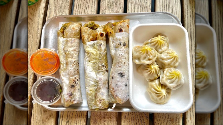 rolls and momos on plate