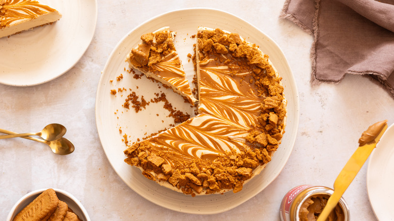 sliced Biscoff cheesecake on plate 