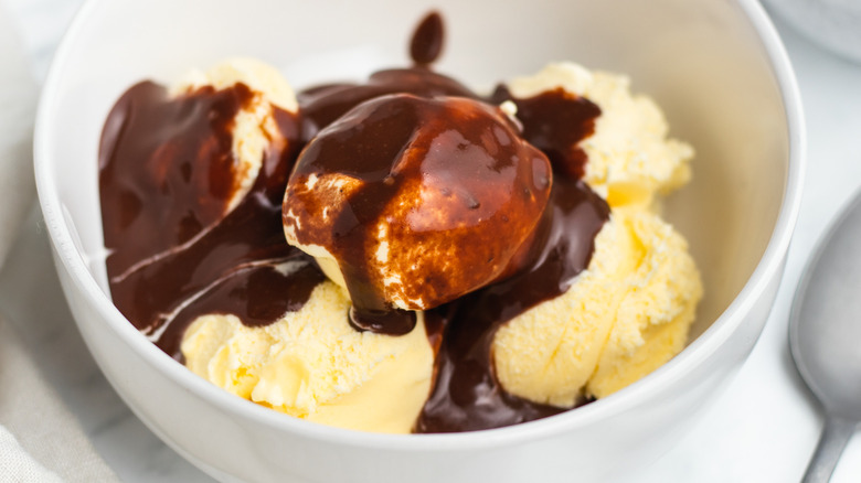 chocolate sauce on ice cream