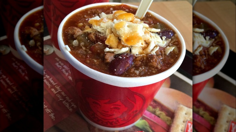 cup of Wendy's chili con carne on tray