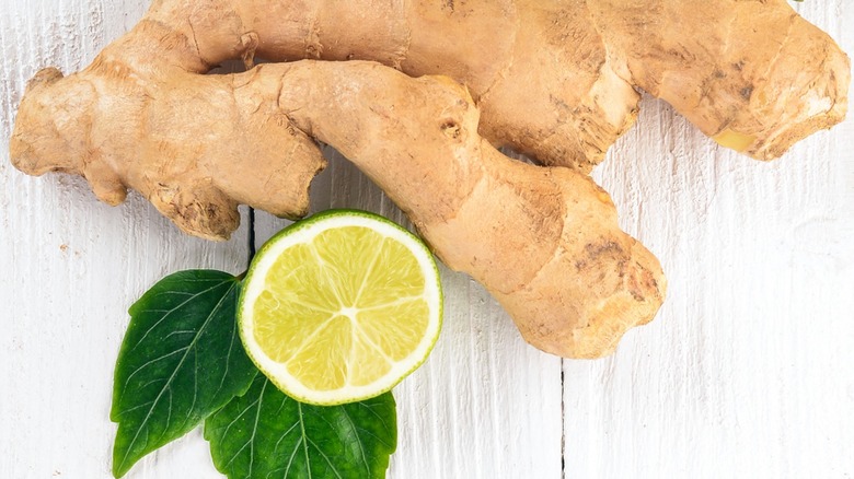 Ginger and lime on tabletop