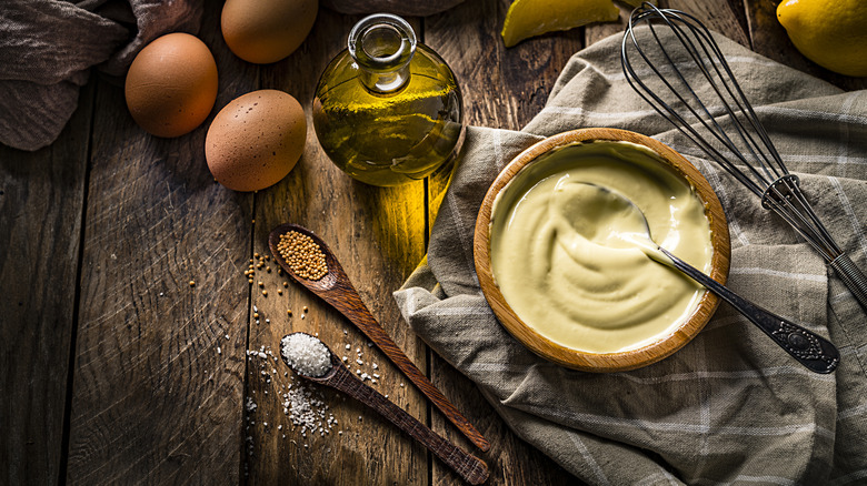 Homemade mayonnaise and ingredients