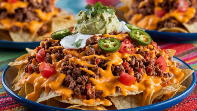 nachos topped with jalapenos, ground beef, tomatoes, and guacamole