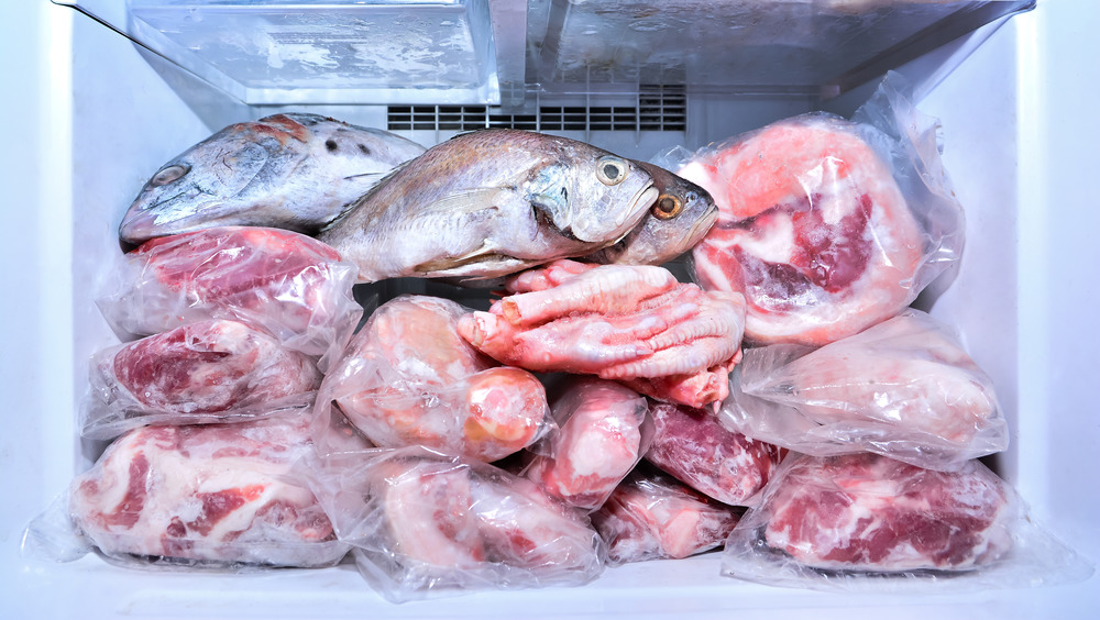 Meat and fish in a freezer