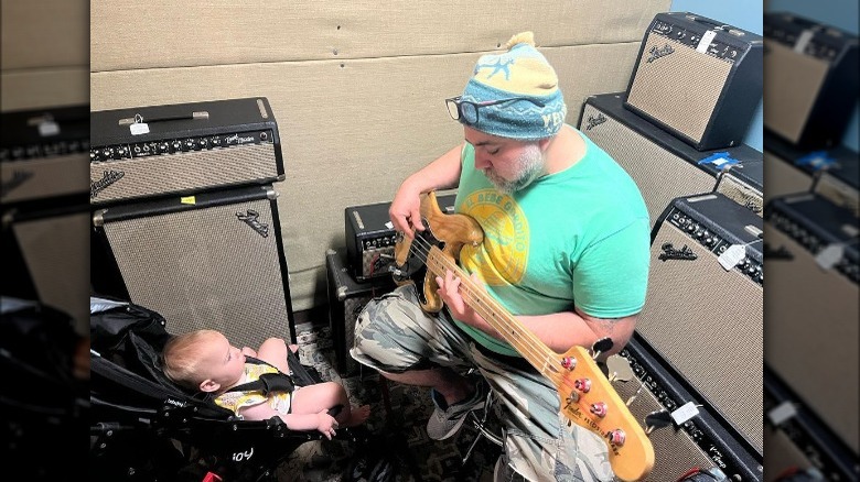 Duff Goldman playing bass guitar for his daughter, Josephine.