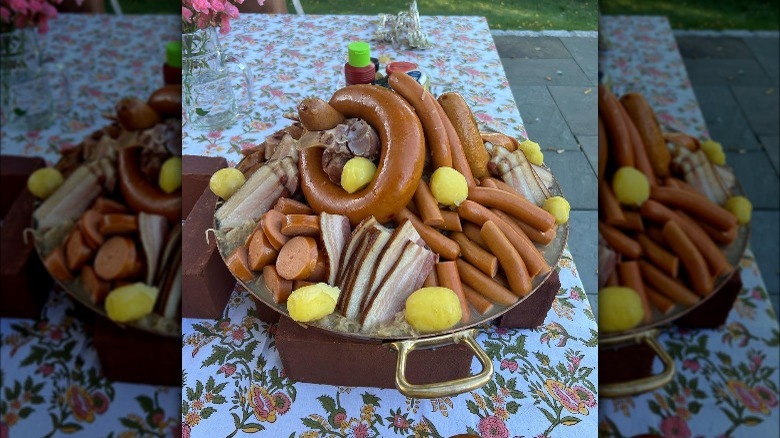 bowl of sausages and meat