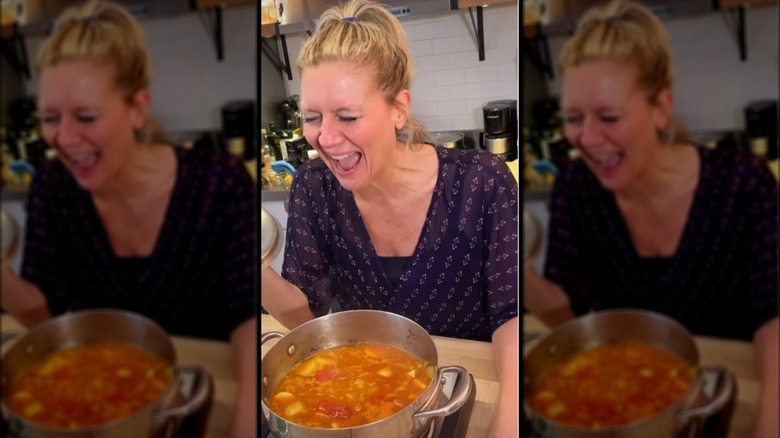 Amanda Freitag laughing with soup