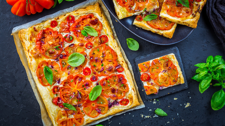 tomato tart with basil garnish