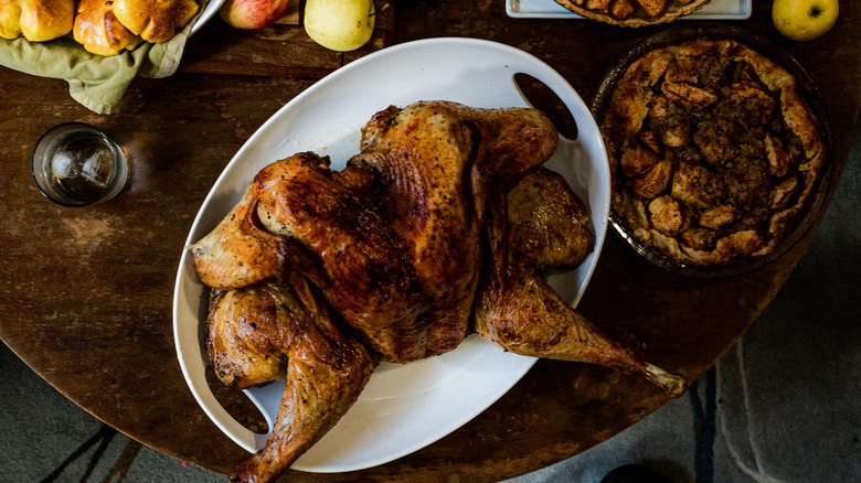 Spatchcocked turkey on a white plate