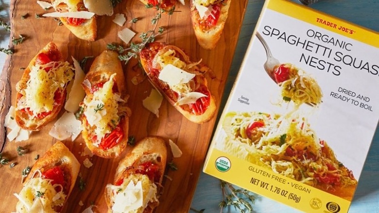 Trader Joe's Organic Spaghetti Squash Nests in their box and as an appetizer on crostini