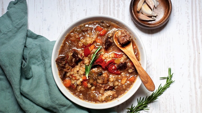 Instant Pot Beef Barley Soup served in a bowl