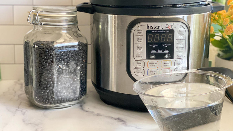 Beans, water, and instant pot on kitchen counter