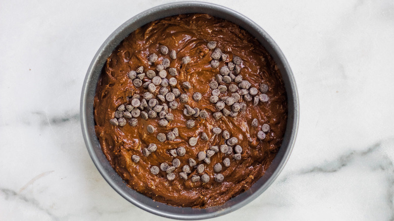 Brownie batter with chocolate chips on top