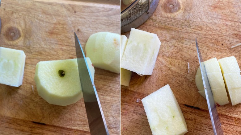 chopping peeled apples with knife