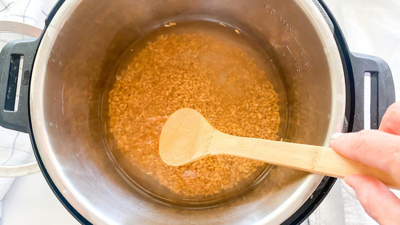 Farro and water sitting in an Instant pot