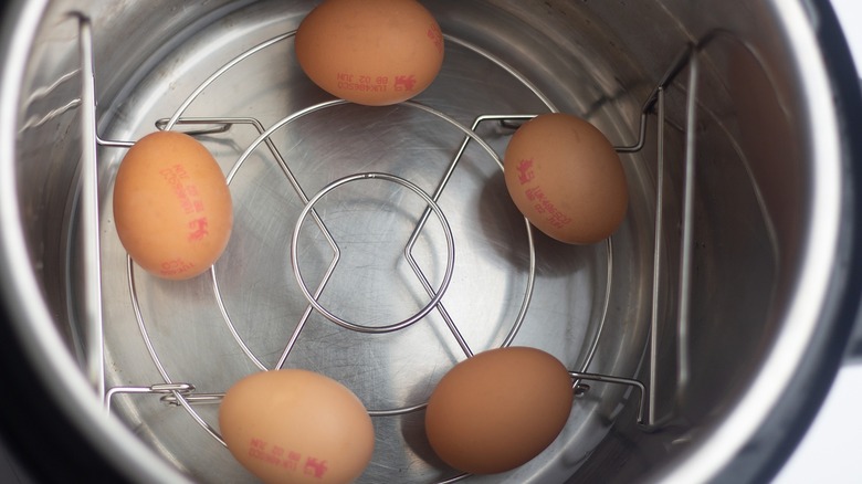 Instant pot hard-boiled eggs on trivet in pot