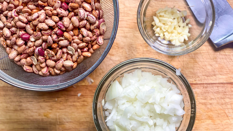 rinsed beans, diced onions, minced garlic