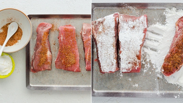 seasoning steak with seasoning and cornstarch