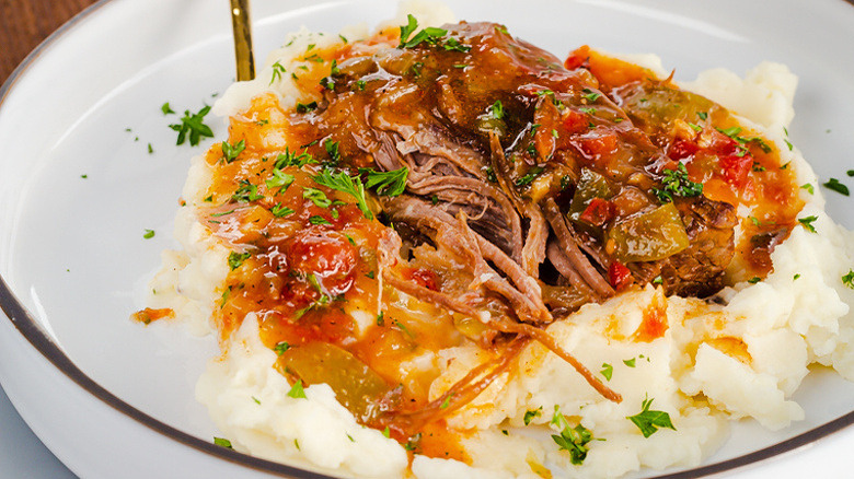 Instant Pot Swiss steak with sauce with mashed potatoes