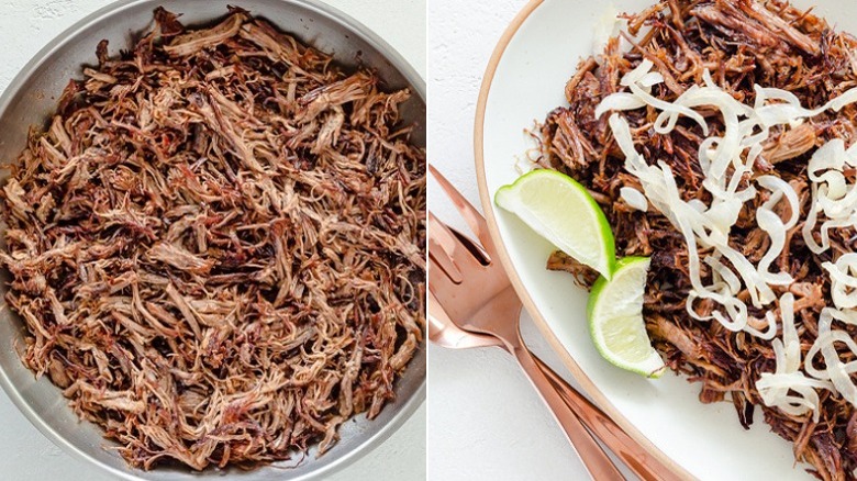 vaca frita in skillet and on plate with lime wedges