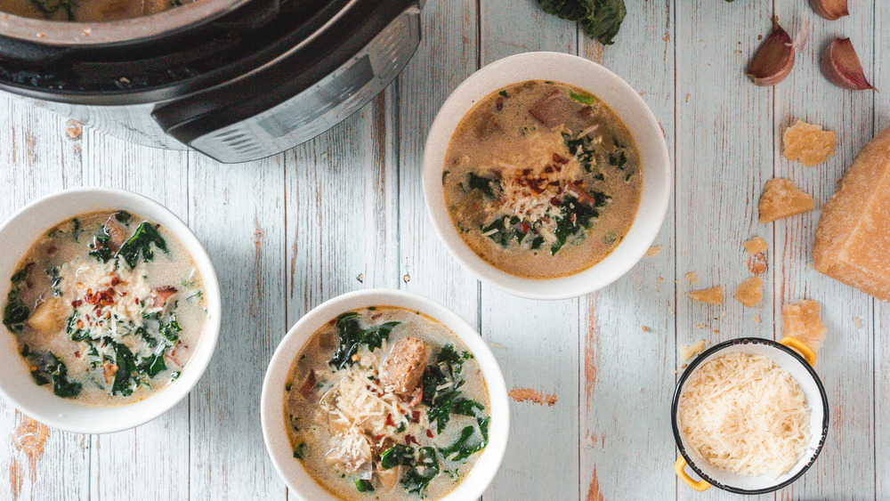 three bowls of Zuppa Toscana soup