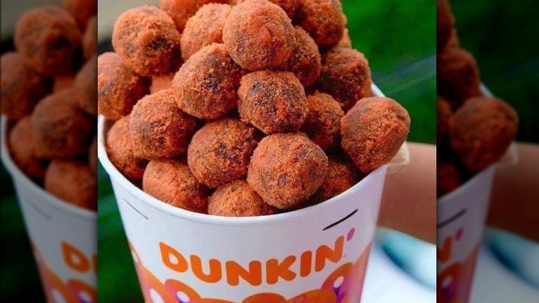 Bucket full of chocolate butternut Dunkin' munchkins