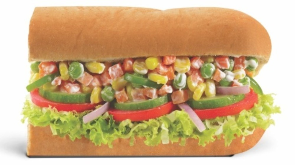 Small sub sandwich with white bread and veggies