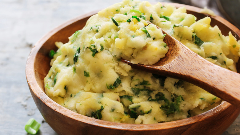 Bowl of colcannon with spoon 