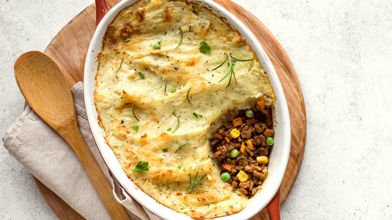 Cottage pie on wooden board 