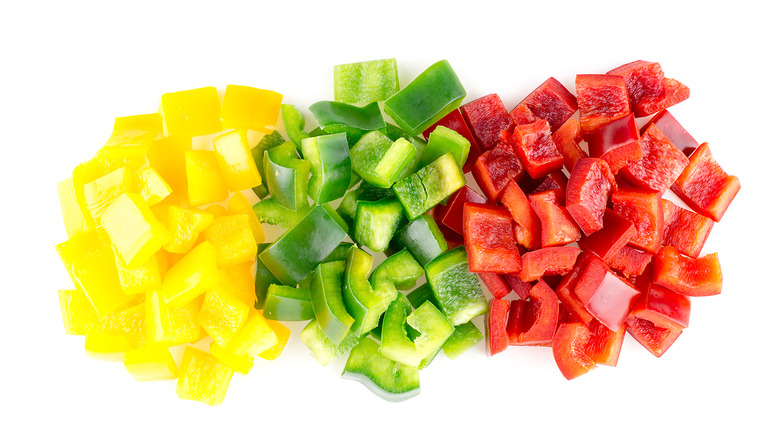 Diced yellow, green, and red bell peppers